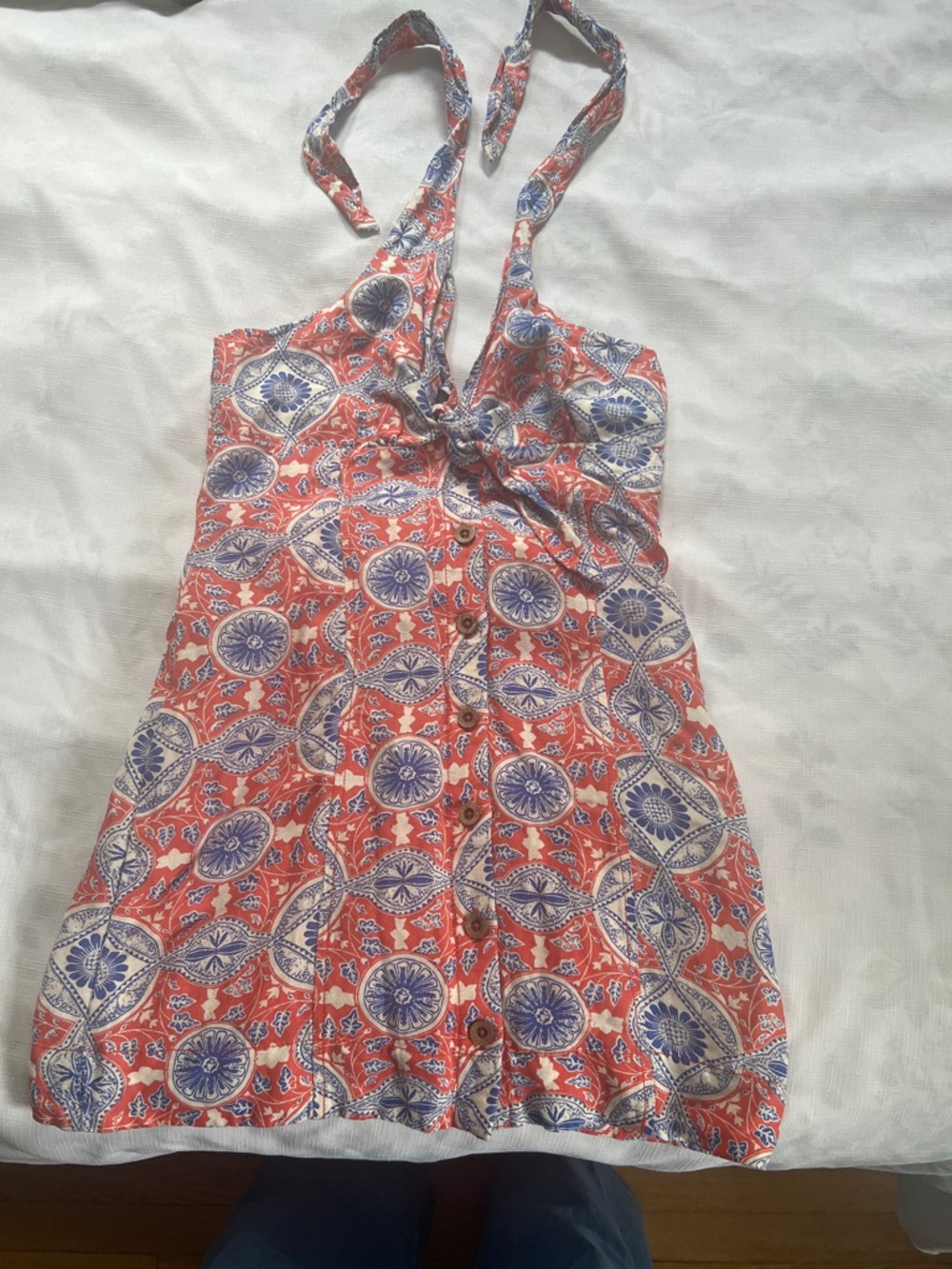 Anthropologie Maeve Coral and Blue Printed Halter Dress